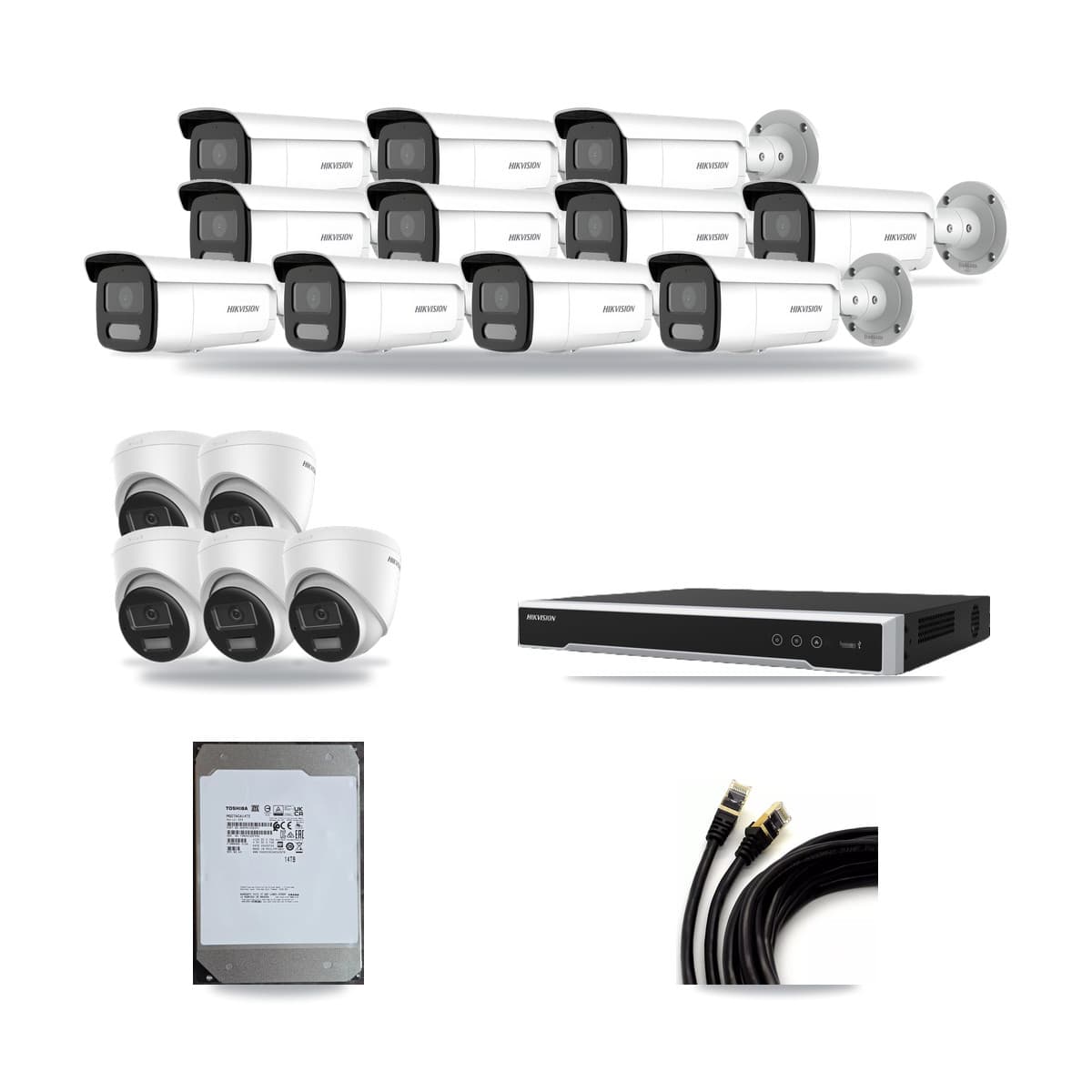 Hikvision 16-Channel 4MP – 4K CCTV Kit — 5 DS-2CD1383G2-LIU 4K Turret + 11 DS-2CD2T47G2H-LISU/SL 4MP Bullet Cameras + 14TB Recording (DS-7616NI-M2/16P Recorder) - Image 1