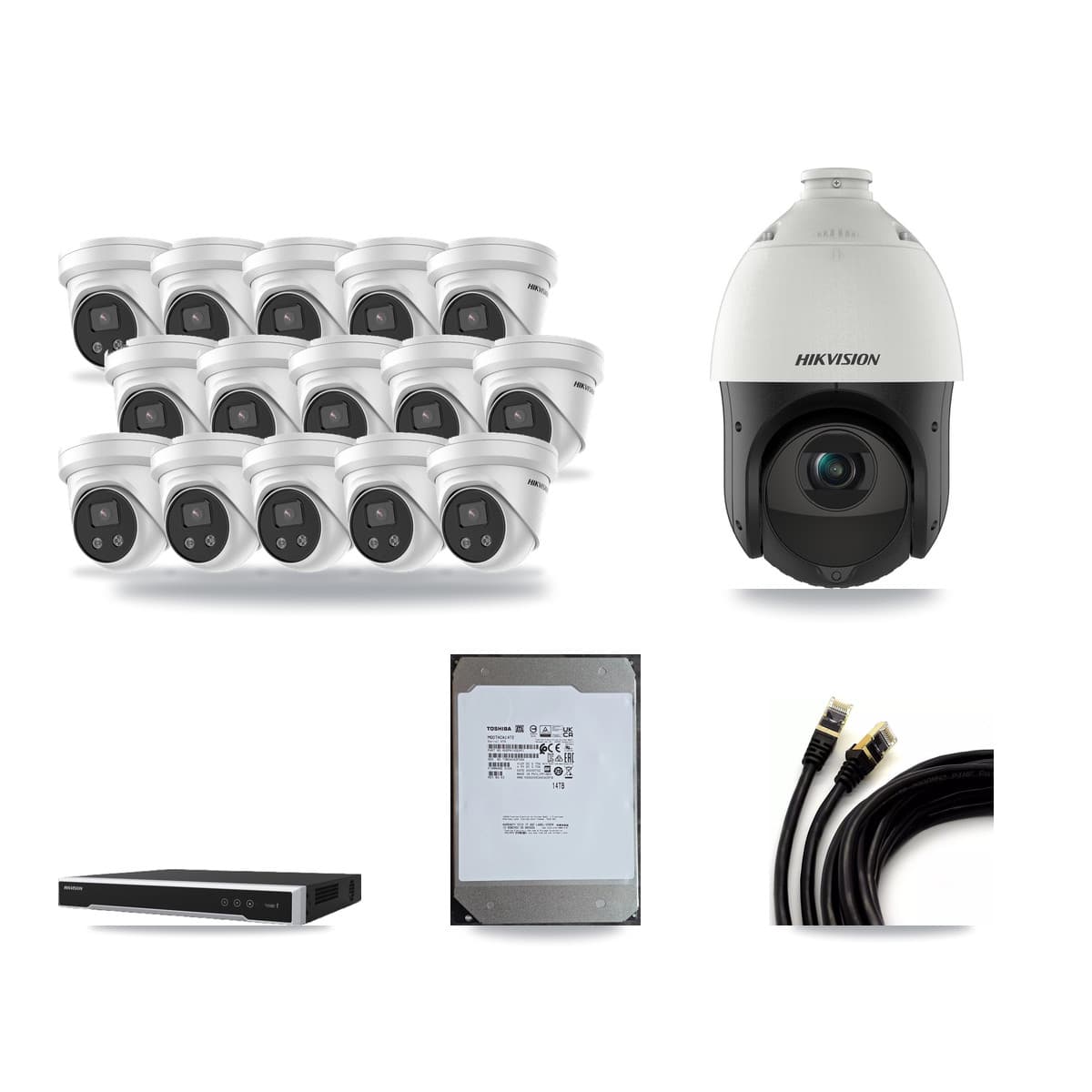 Hikvision 16-Channel 4MP – 5MP CCTV Kit — 15 5MP Turret + 1 4MP PTZ Cameras + 14TB Recording (DS-7616NI-M2 Recorder) - Image 1