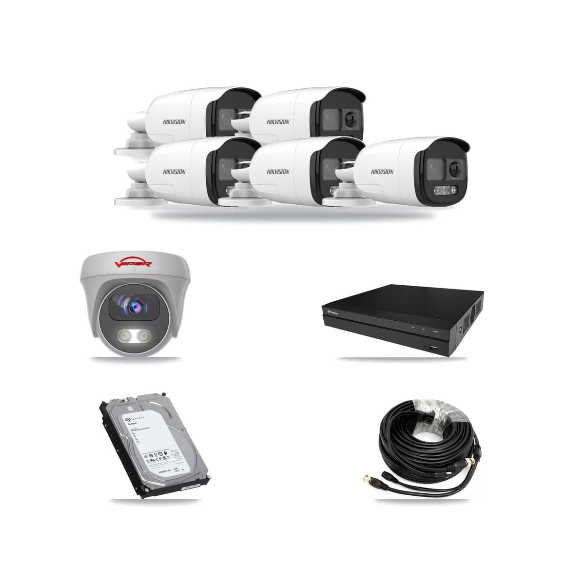 8-Channel 5MP CCTV Kit — 5 DS-2CE12KF3T Bullet + 1 White VIPER-5MP-3K Cameras + 6TB Recording (PXD-5208AN Recorder) - Image 1
