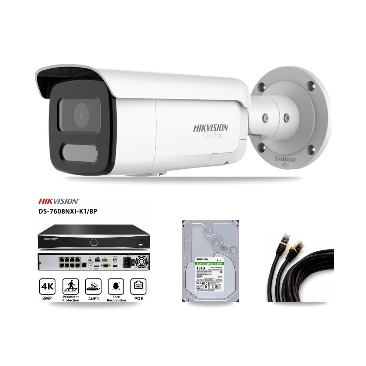 Hikvision 8-Channel 4K CCTV Kit — 4 White Bullet Cameras + 10TB Recording (DS-7608NXI Recorder)