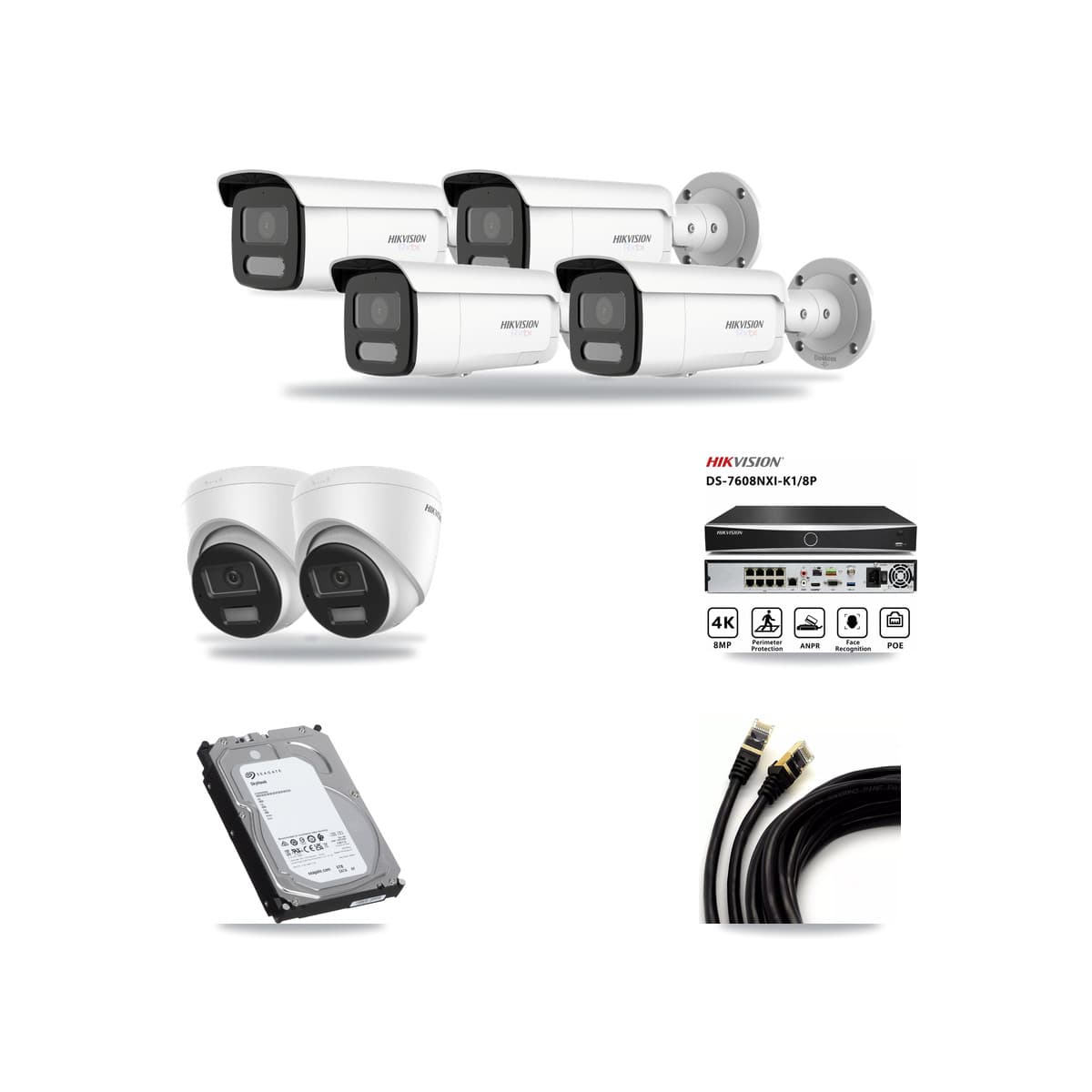 Hikvision 8-Channel 4K CCTV Kit — 2 DS-2CD1383G2-LIUF/SL Turret + 4 White DS-2CD2T87G2H-LISU/SL-2.8MM-W Bullet Cameras + 6TB Recording (DS-7608NXI-K1/8P Recorder) - Image 1