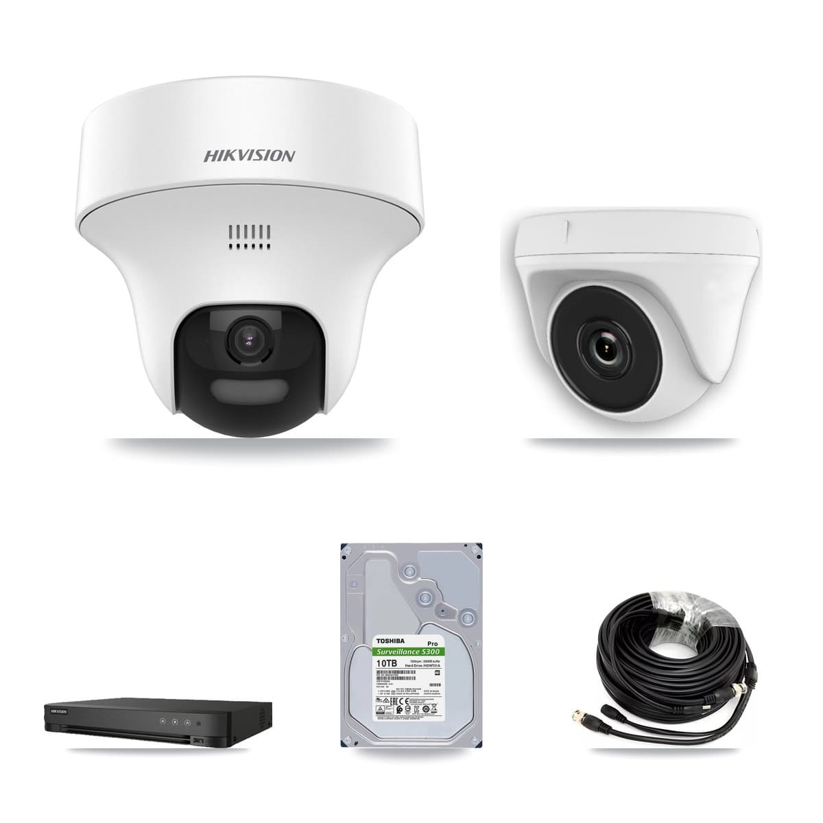 Hikvision 8-Channel 2MP – 5MP CCTV Kit — 7 DS-2CE70K0T 5MP Turret + 1 White HDT-2MP-N20W 2MP Dome Cameras + 10TB Recording (IDS-7208HQHI Recorder)