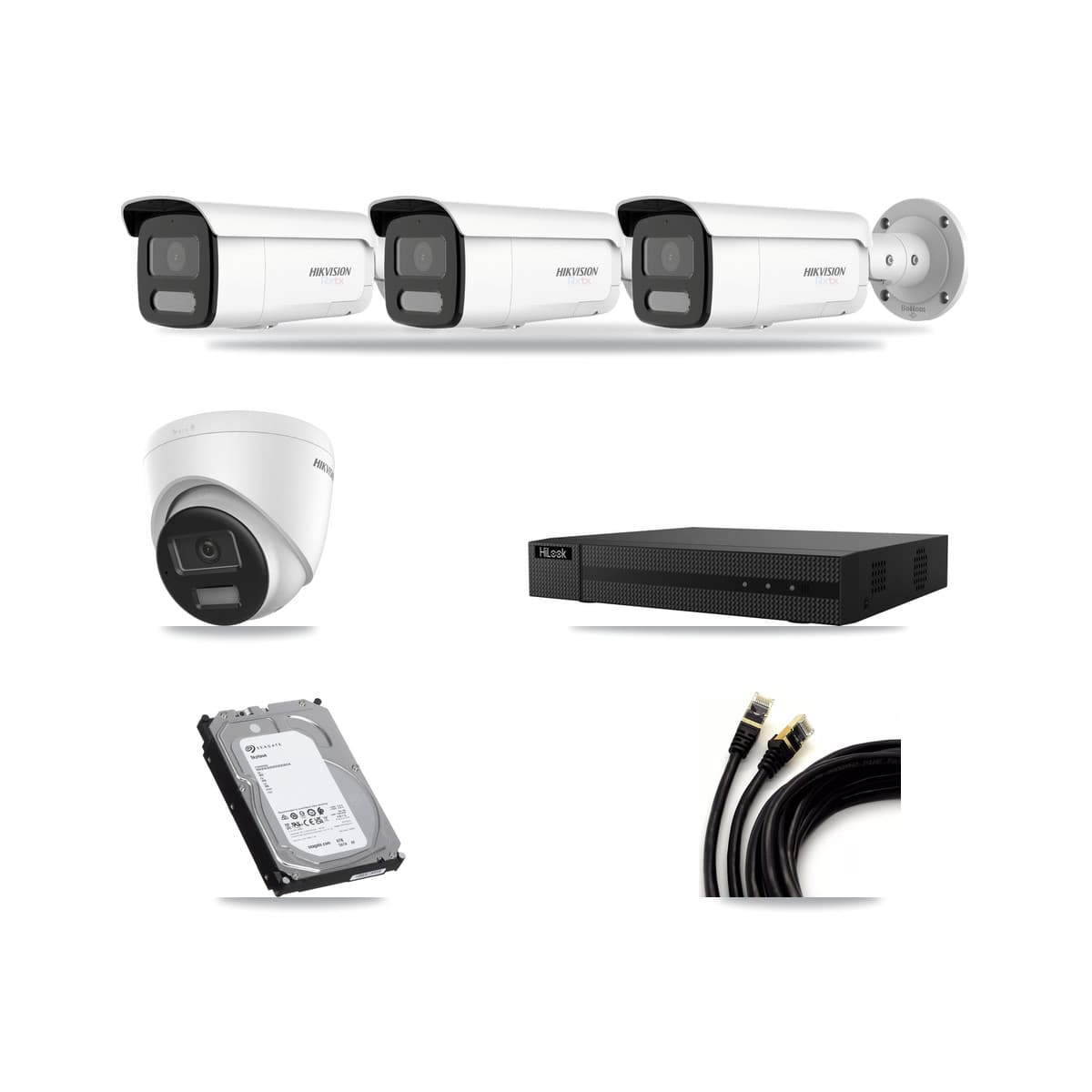 Hikvision & HiLook 8-Channel 4K CCTV Kit — 1 DS-2CD1383G2-LIU Turret + 3 White DS-2CD2T87G2H-LISU/SL-2.8MM-W Bullet Cameras + 6TB Recording (NVR-108MH-D/8P Recorder) - Image 1