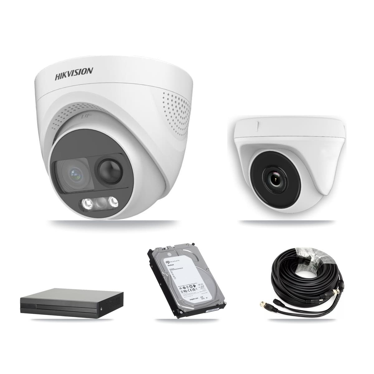 Hikvision 4-Channel 2MP – 5MP CCTV Kit — 2 DS-2CE72KF3T 5MP Turret + 2 White HDT-2MP-N20W 2MP Dome Cameras + 6TB Recording (XVR-3104HS Recorder)