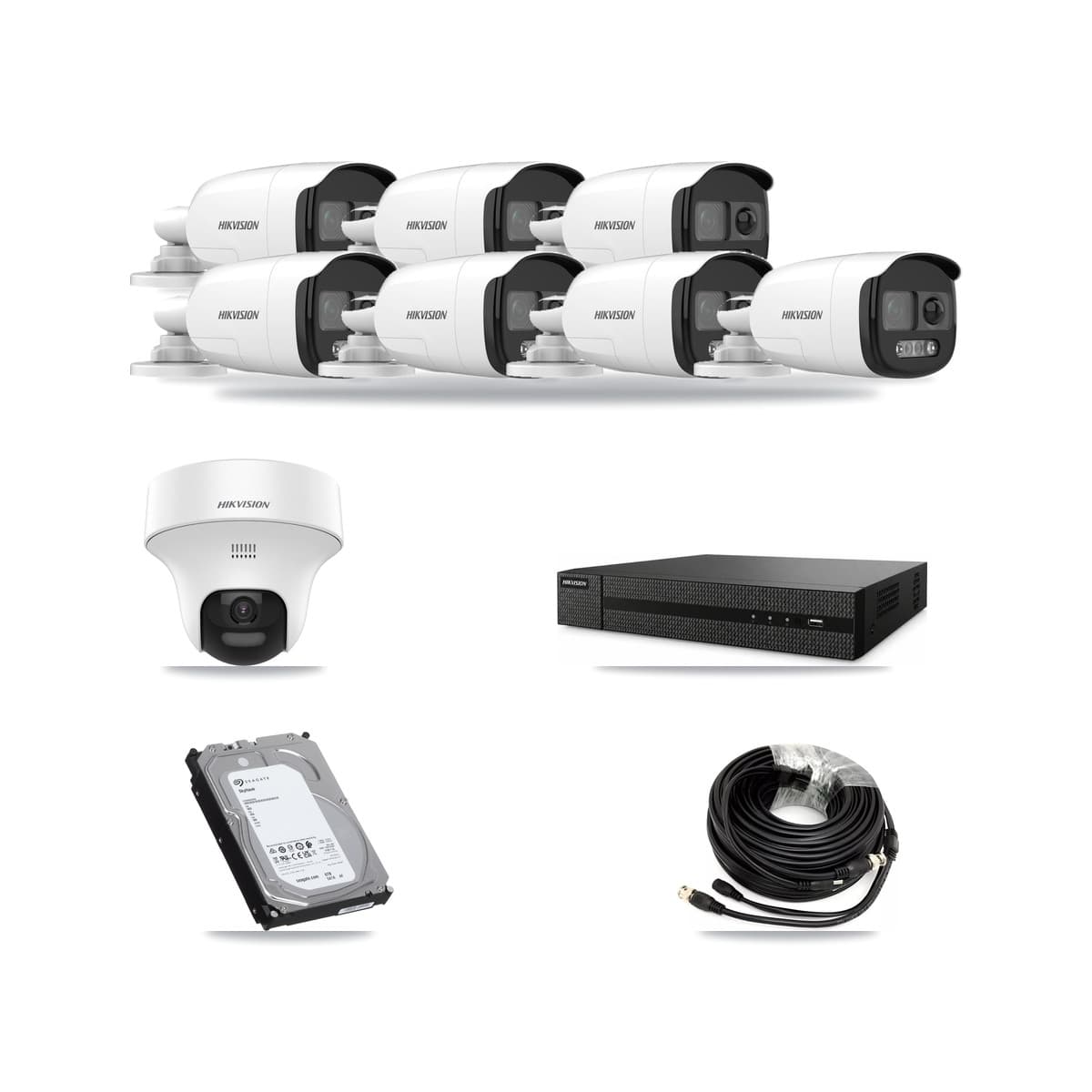 Hikvision 8-Channel 5MP CCTV Kit — 7 DS-2CE12KF3T Bullet + 1 DS-2CE70K0T Turret Cameras + 6TB Recording (DVR-8CH Recorder) - Image 1