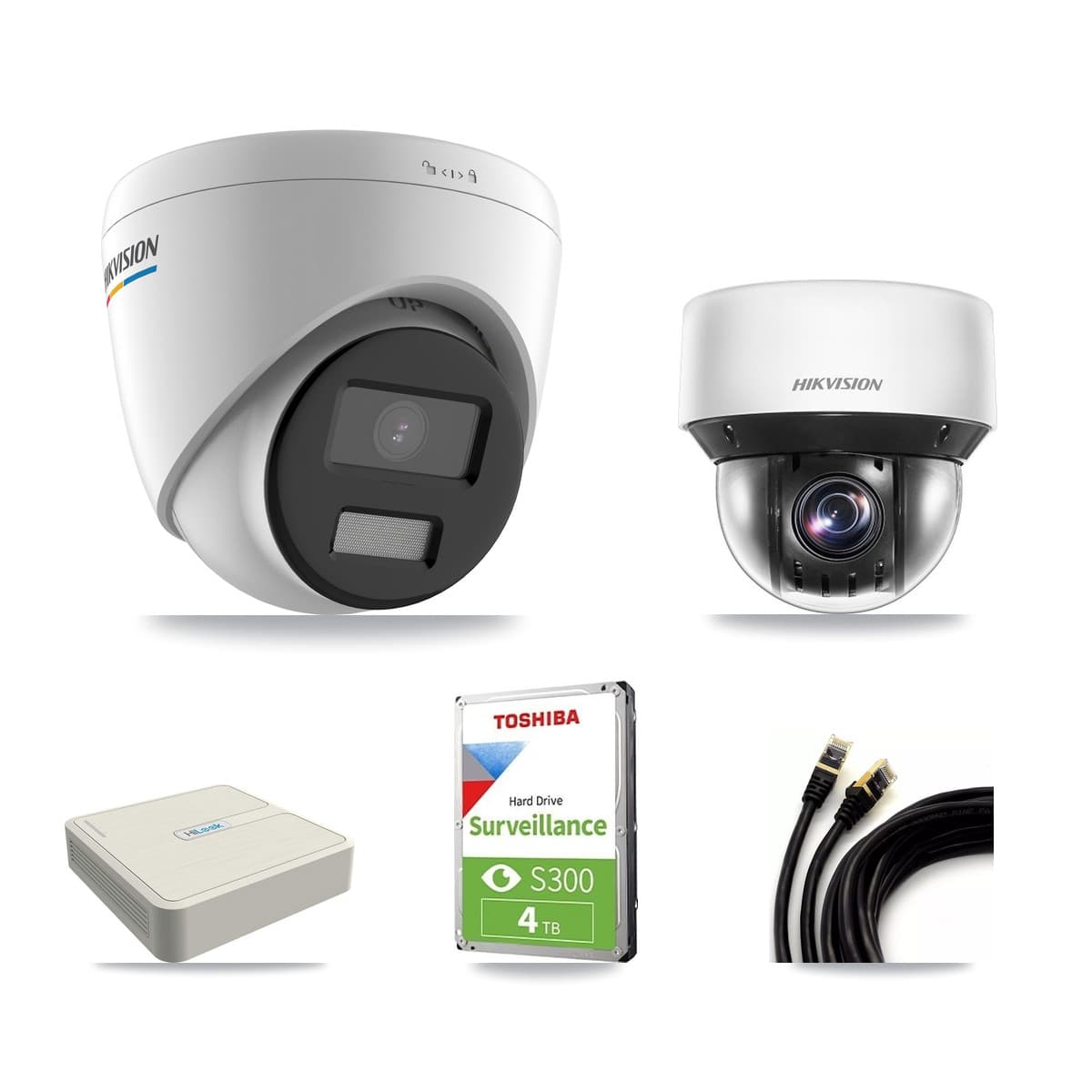 Hikvision & HiLook 8-Channel 2MP – 4MP CCTV Kit — 4 DS-2CD1327G2 2MP Turret + 1 DS-2DE4A425IW 4MP PTZ Cameras + 4TB Recording - Image 1