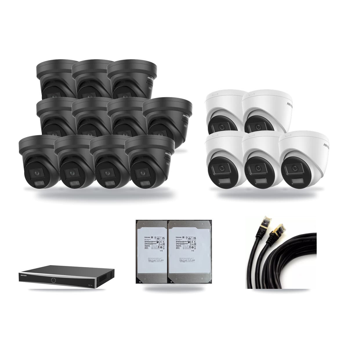 Hikvision 16-Channel 4K CCTV Kit — 5 DS-2CD1383G2 + 11 Black DS-2CD2387G3 Turret Cameras + 2× 14TB Recording (DS-7616NXI Recorder) - Image 1