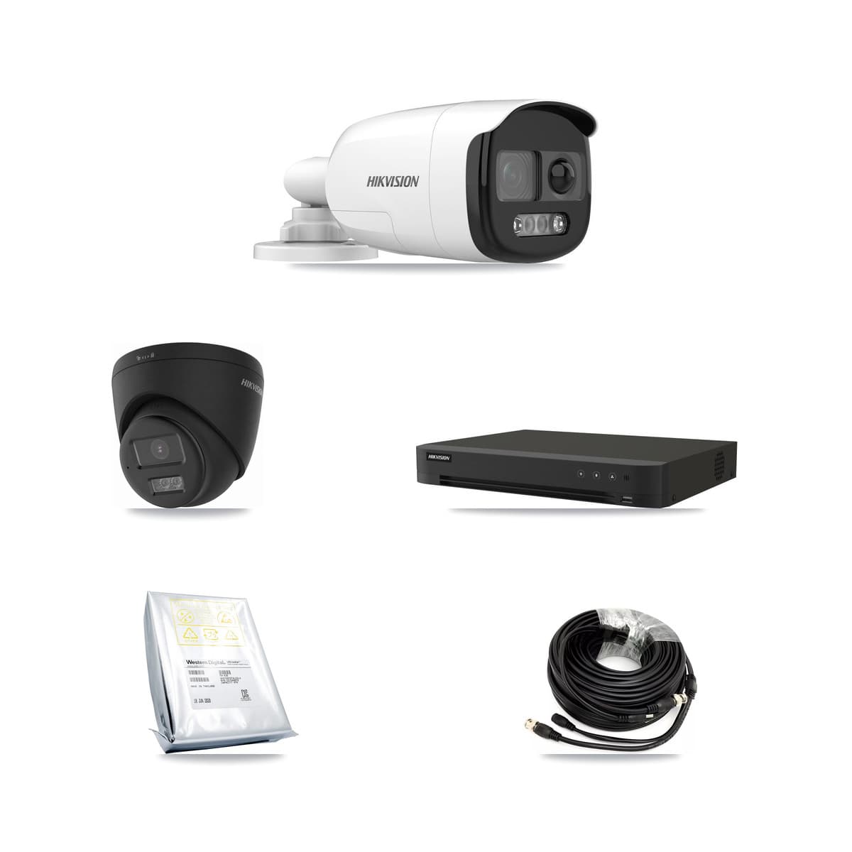 Hikvision 8-Channel 5MP – 4K CCTV Kit — 4 DS-2CE12KF3T-PIRXO 5MP Bullet + 1 Black DS-2CE78U0T-LTS-BLACK 4K Turret Cameras + 8TB Recording (IDS-7208HUHI-M1/XT Recorder)