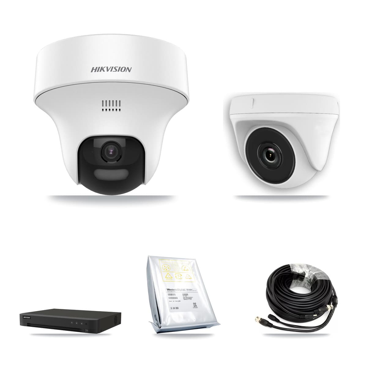 Hikvision 8-Channel 2MP – 5MP CCTV Kit — 4 DS-2CE70K0T-PTLTS 5MP Turret + 4 White HDT-2MP-N20W-2.8MM 2MP Dome Cameras + 8TB Recording (IDS-7208HUHI-M1/XT Recorder)