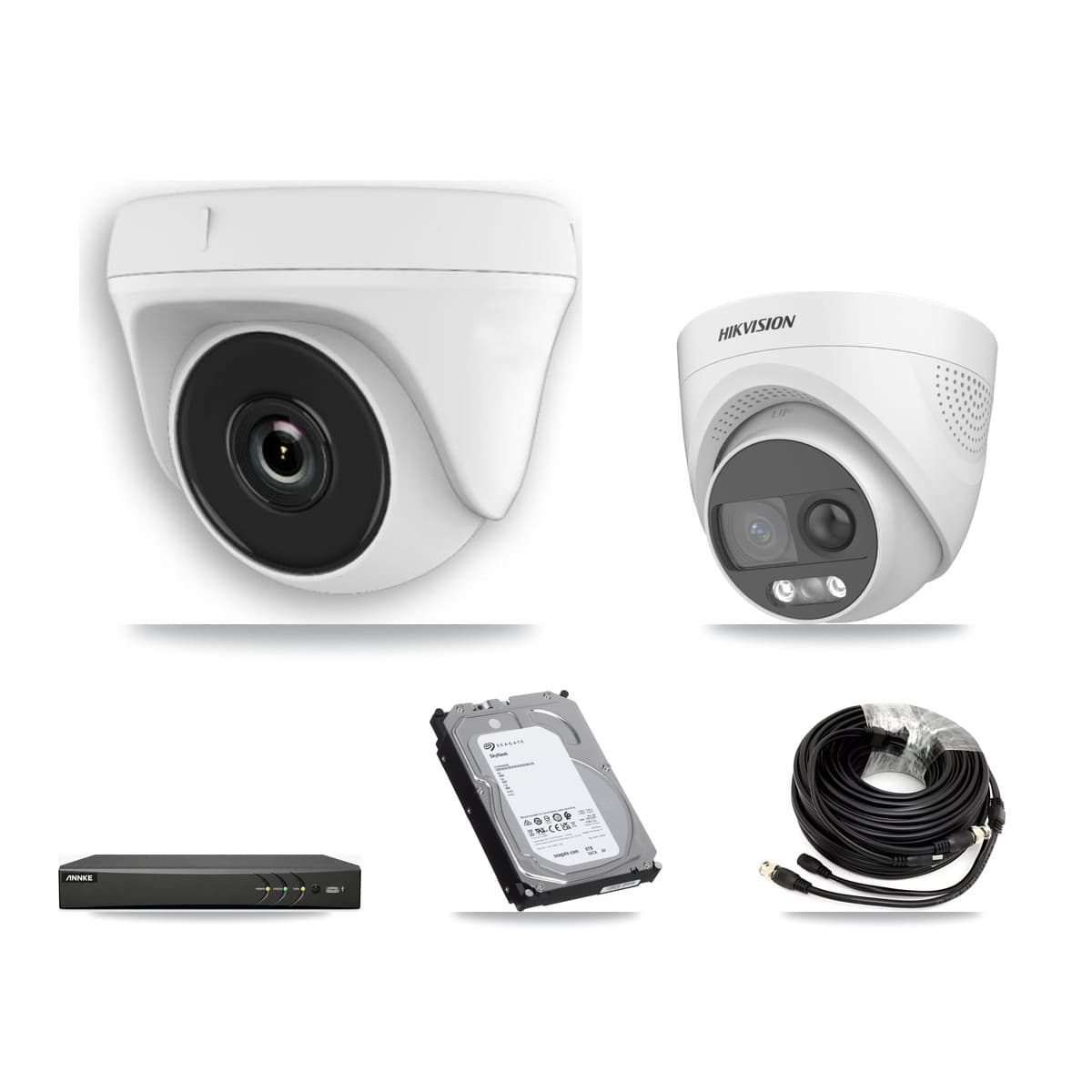 Hikvision & ANNKE 4-Channel 2MP – 5MP CCTV Kit — 1 DS-2CE72KF3T 5MP Turret + 3 White HDT-2MP-N20W 2MP Dome Cameras + 6TB Recording