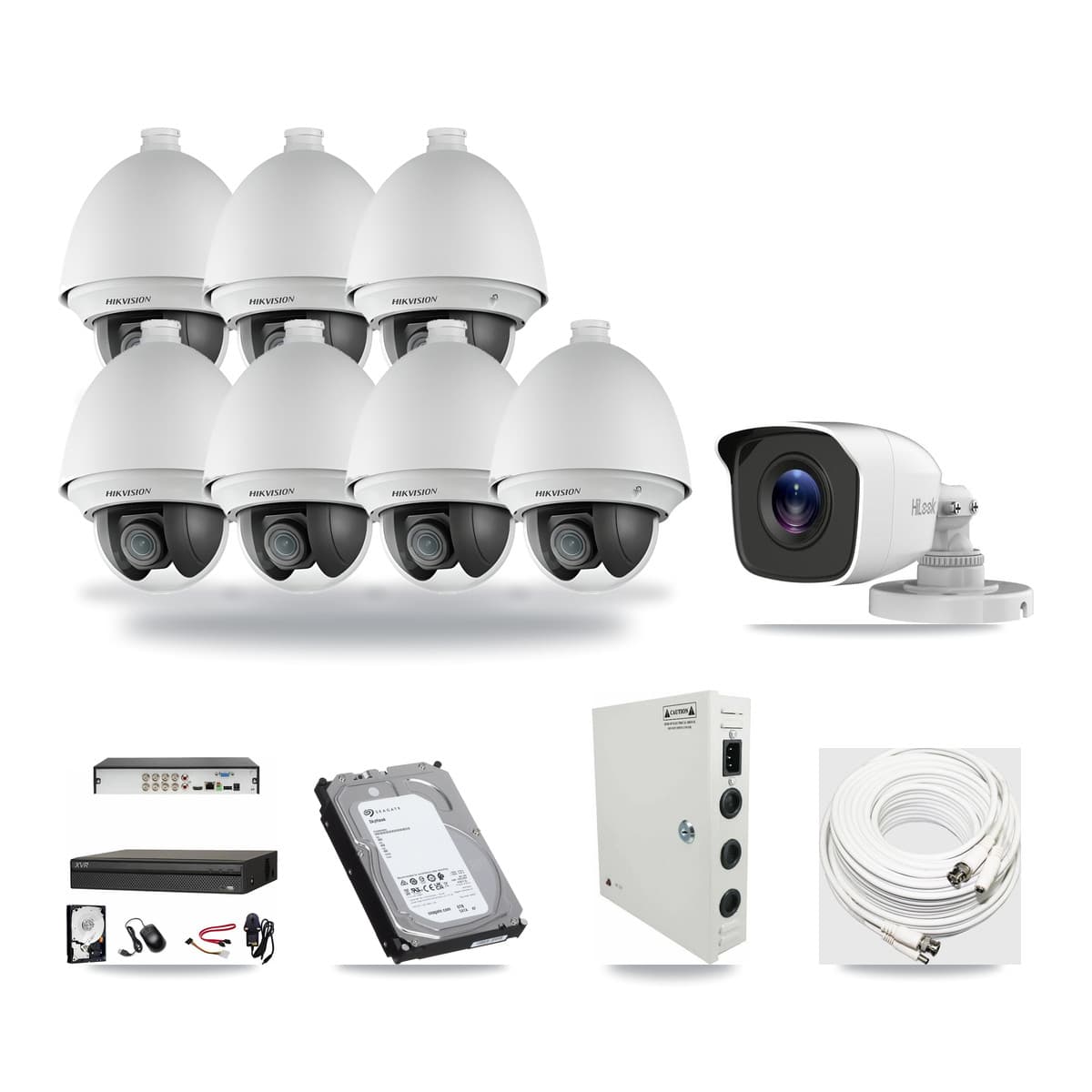 8-Channel 2MP – 4MP CCTV Kit — 7 Hikvision DS-2AE4225T-A 2MP PTZ + 1 HiLook THC-B140-R 4MP Bullet Cameras + 6TB Recording (XVR-3108AD-4K Recorder) - Image 1