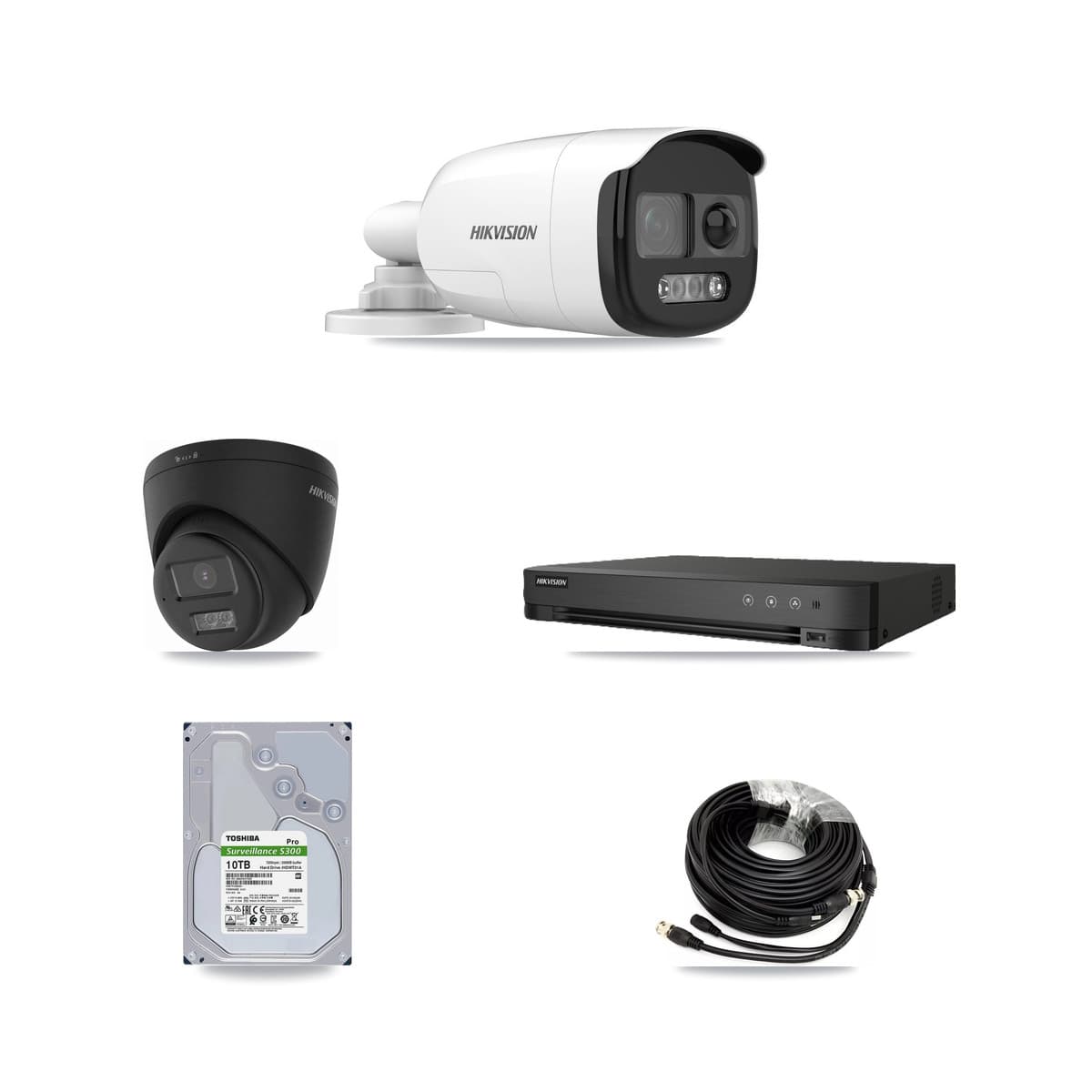 Hikvision 8-Channel 5MP – 4K CCTV Kit — 4 DS-2CE12KF3T-PIRXO 5MP Bullet + 2 Black DS-2CE78U0T-LTS-BLACK 4K Turret Cameras + 10TB Recording (IDS-7208HUHI-M1/E Recorder)