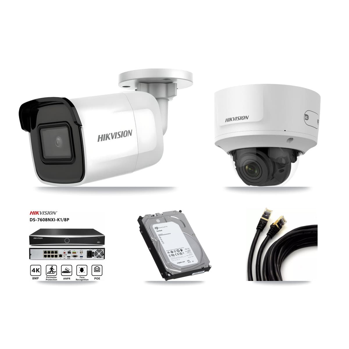 Hikvision 8-Channel 2MP – 4K CCTV Kit — 2 4K Bullet + 1 2MP Dome Cameras + 6TB Recording (DS-7608NXI Recorder)