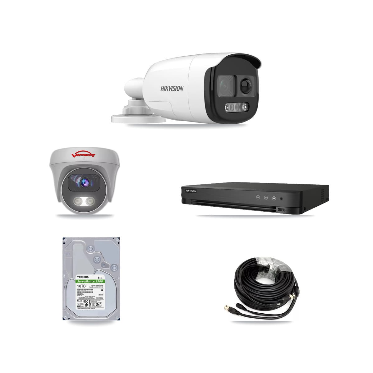 Hikvision & Viper 8-Channel 5MP CCTV Kit — 7 DS-2CE12KF3T-PIRXO Bullet + 1 White VIPER-5MP-3K-AOC-WHITE-2.8MM Cameras + 10TB Recording (IDS-7208HUHI-M1/E Recorder)