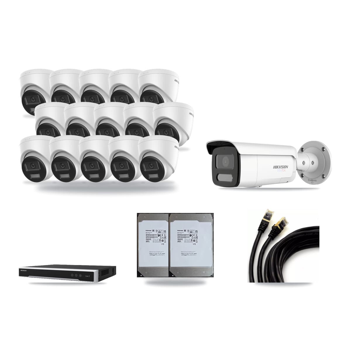 Hikvision 16-Channel 4K CCTV Kit — 15 DS-2CD1383G2-LIUF/SL Turret + 1 White DS-2CD2T87G2H-LISU/SL-2.8MM-W Bullet Cameras + 2× 14TB Recording (DS-7616NI-M2/16P Recorder) - Image 1