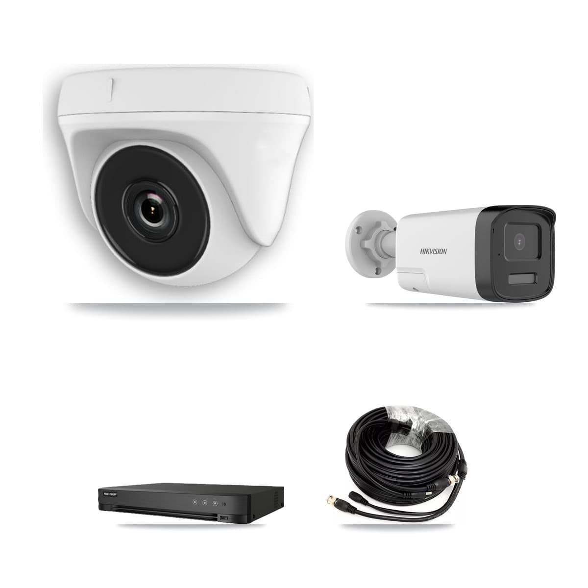 Hikvision 8-Channel 2MP – 5MP CCTV Kit — 1 DS-2CE17K0T-LXTS 5MP Bullet + 3 White HDT-2MP-N20W-2.8MM 2MP Dome Cameras + 3TB Recording (IDS-7208HUHI-M1/E Recorder)