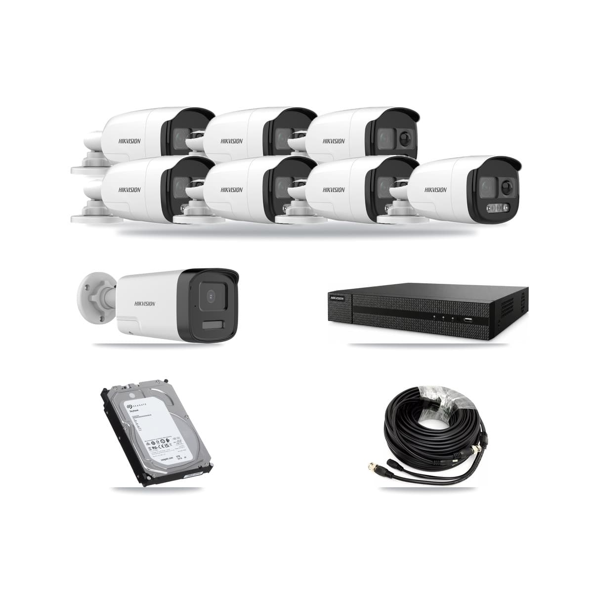 Hikvision 8-Channel 5MP CCTV Kit — 7 DS-2CE12KF3T + 1 DS-2CE17K0T Bullet Cameras + 6TB Recording (DVR-8CH Recorder) - Image 1