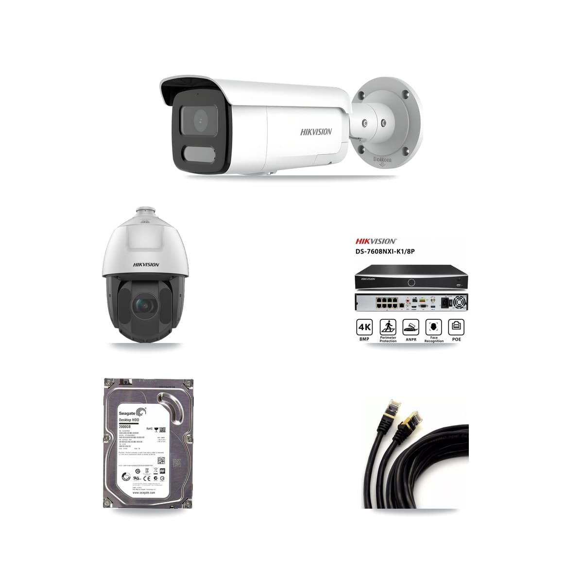 Hikvision 8-Channel 2MP – 4MP CCTV Kit — 1 4MP Bullet + 1 2MP PTZ Cameras + 2TB Recording (DS-7608NXI Recorder)