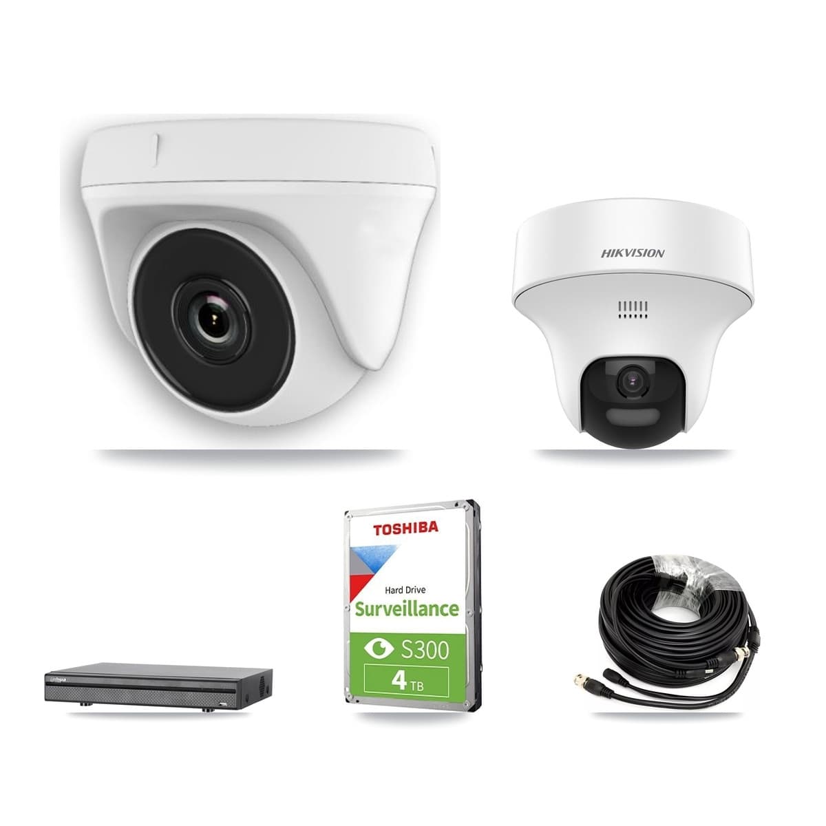 Hikvision & Dahua 8-Channel 2MP – 5MP CCTV Kit — 1 DS-2CE70K0T 5MP Turret + 4 White HDT-2MP-N20W 2MP Dome Cameras + 4TB Recording