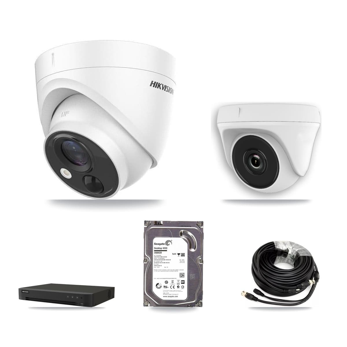 Hikvision 16-Channel 2MP – 5MP CCTV Kit — 1 DS-2CE71H0T 5MP Turret + 1 White HDT-2MP-N20W 2MP Dome Cameras + 2TB Recording (IDS-7216HQHI Recorder) - Image 1