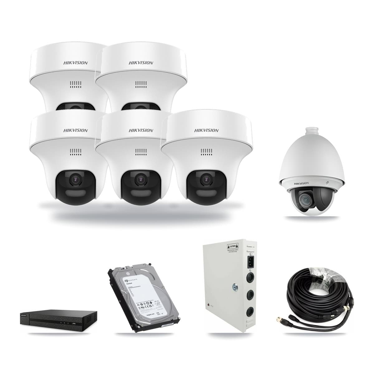 Hikvision 8-Channel 2MP – 5MP CCTV Kit — 1 2MP PTZ + 5 5MP Turret Cameras + 6TB Recording (DVR-8CH Recorder) - Image 1