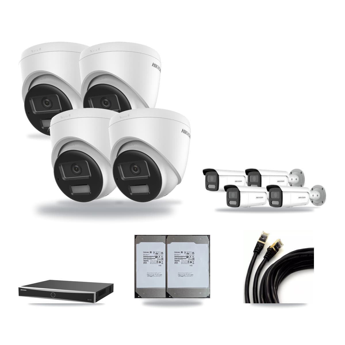 Hikvision 16-Channel 4MP – 4K CCTV Kit — 4 DS-2CD1383G2-LIU 4K Turret + 4 DS-2CD2T47G2H-LISU/SL 4MP Bullet Cameras + 2× 14TB Recording (DS-7616NXI-K2/16P(E) Recorder) - Image 1