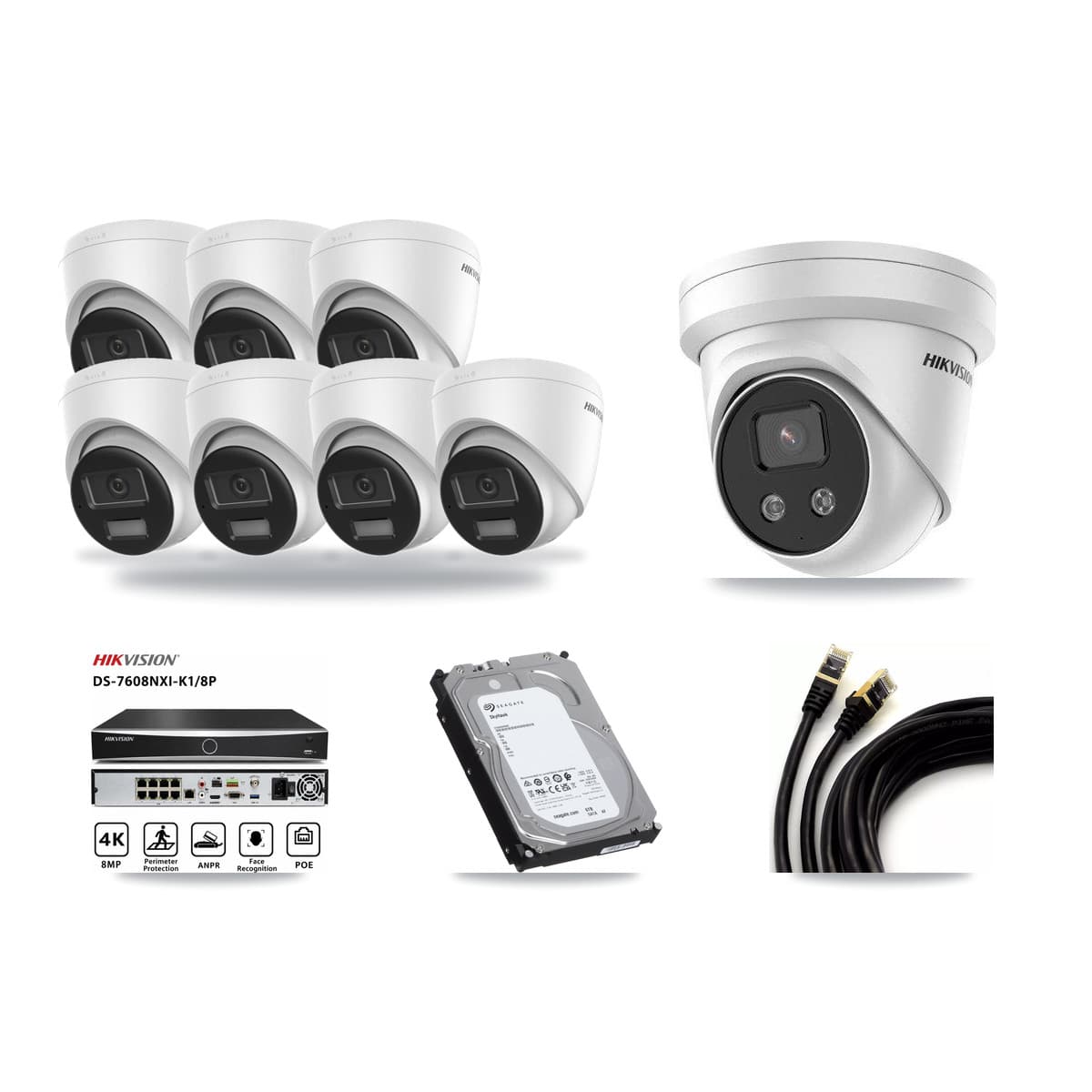 Hikvision 8-Channel 5MP – 4K CCTV Kit — 7 DS-2CD1383G2-LIUF/SL 4K + 1 DS-2CD3356G2-ISU 5MP Turret Cameras + 6TB Recording (DS-7608NXI-K1/8P Recorder) - Image 1