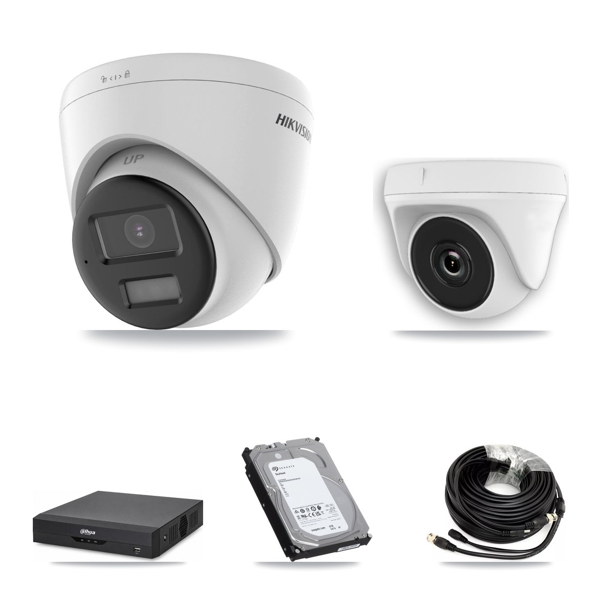 Dahua DH-XVR5104HS-4KL-I2 4-Channel DVR CCTV Kit — 3× Hikvision DS-2CE78U0T-LPTS 4K Turret + 1× HDT-2MP-N20W-2.8MM White 2MP Dome Cameras + 6TB HDD