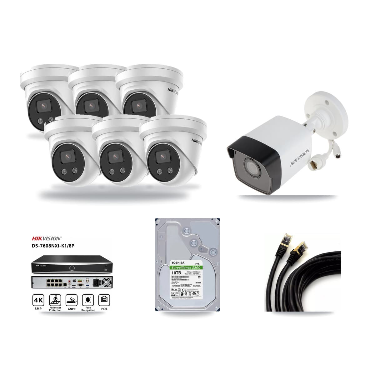 Hikvision 8-Channel 5MP CCTV Kit — 1 DS-2CD1053G0 Bullet + 6 DS-2CD3356G2 Turret Cameras + 10TB Recording - Image 1