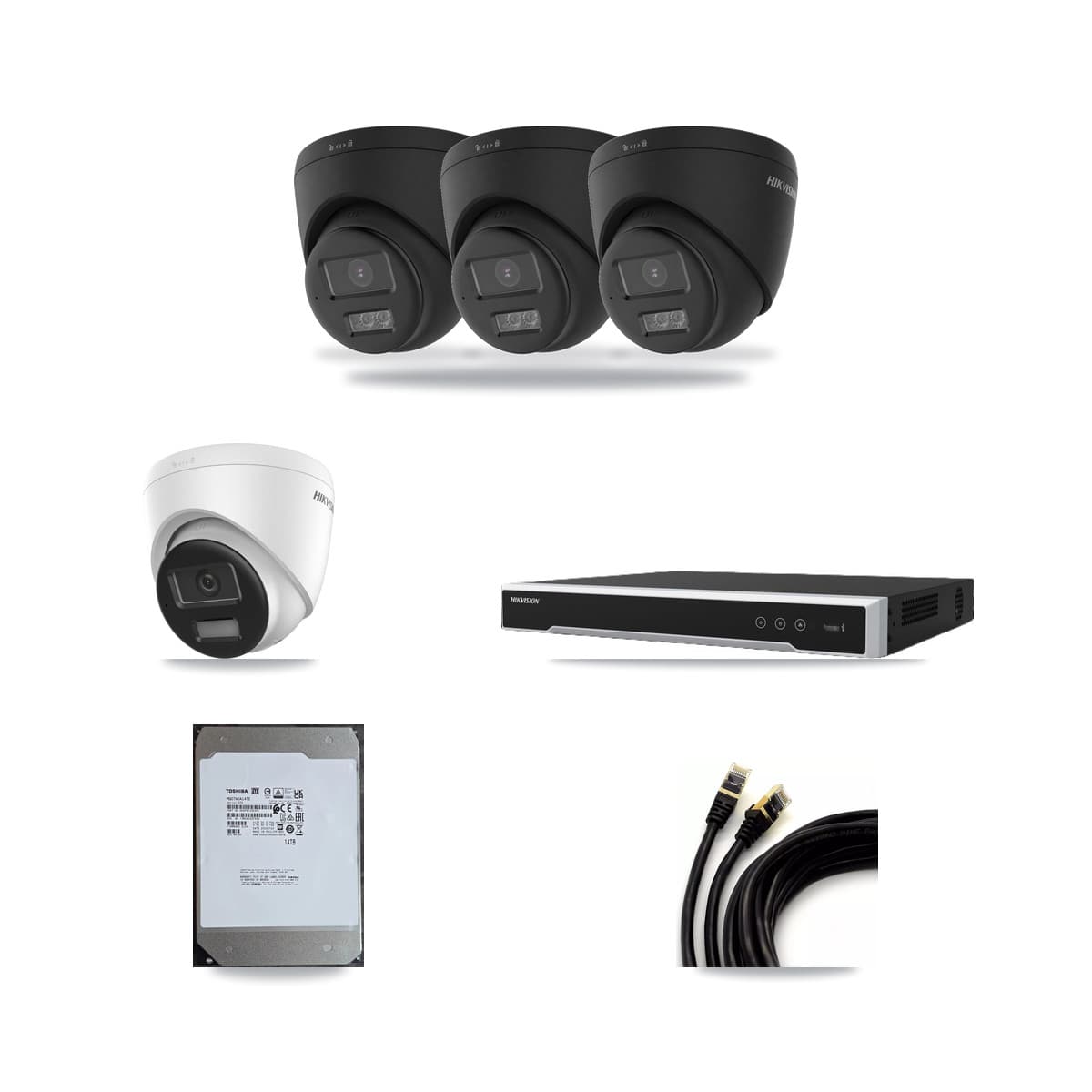 Hikvision 8-Channel 4K CCTV Kit — 1 DS-2CD1383G2 + 3 Black DS-2CD1383G2 Turret Cameras + 14TB Recording - Image 1