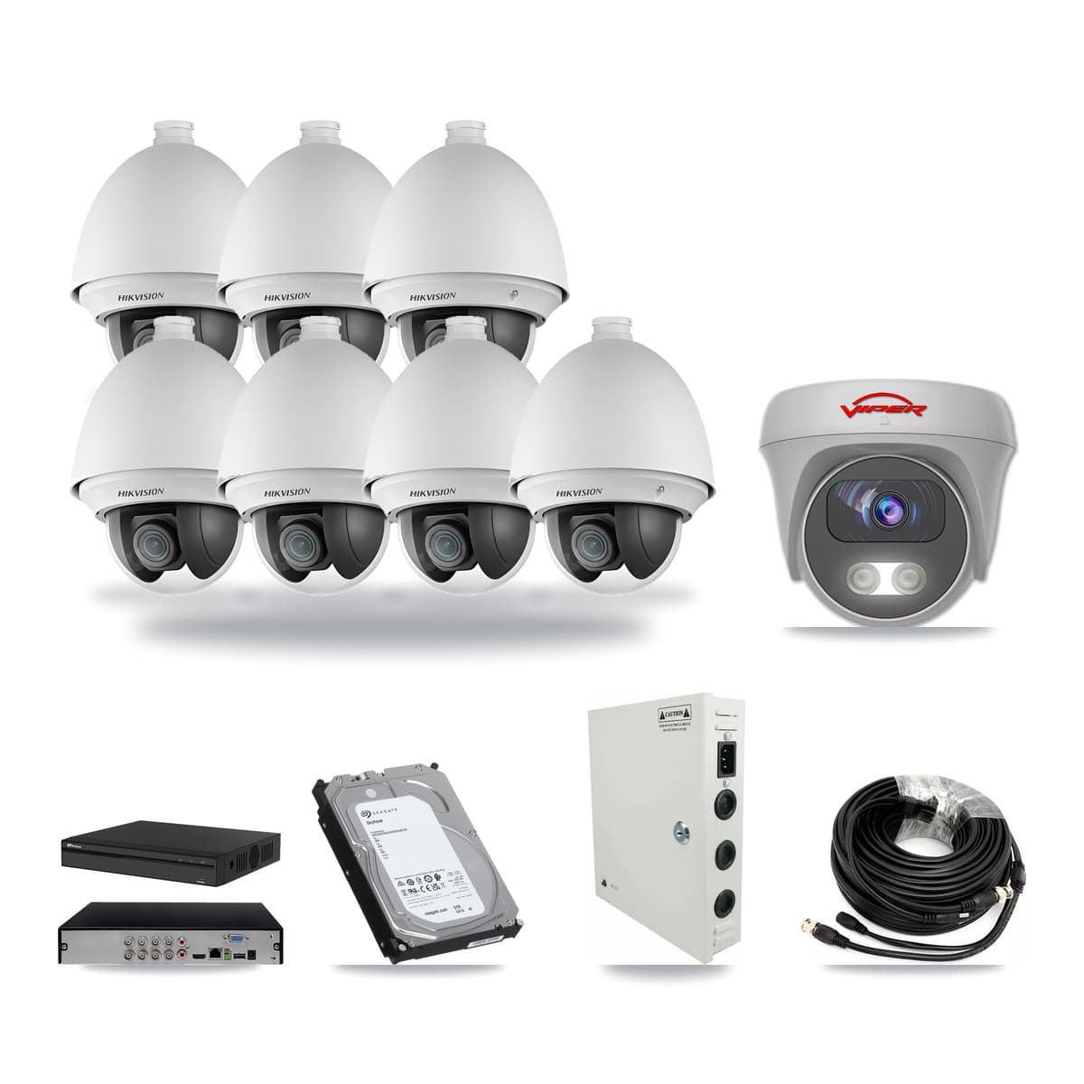 8-Channel 2MP – 5MP CCTV Kit — 7 DS-2AE4225T 2MP PTZ + 1 White VIPER-5MP-3K 5MP Cameras + 6TB Recording (PXD-5108HS Recorder) - Image 1