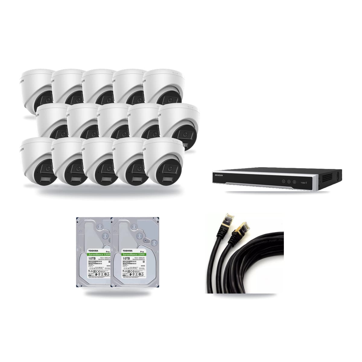 Hikvision 16-Channel 4MP CCTV Kit — 15 DS-2CD1343G2 Turret Cameras + 2× 10TB Recording (DS-7616NI-M2 Recorder) - Image 1