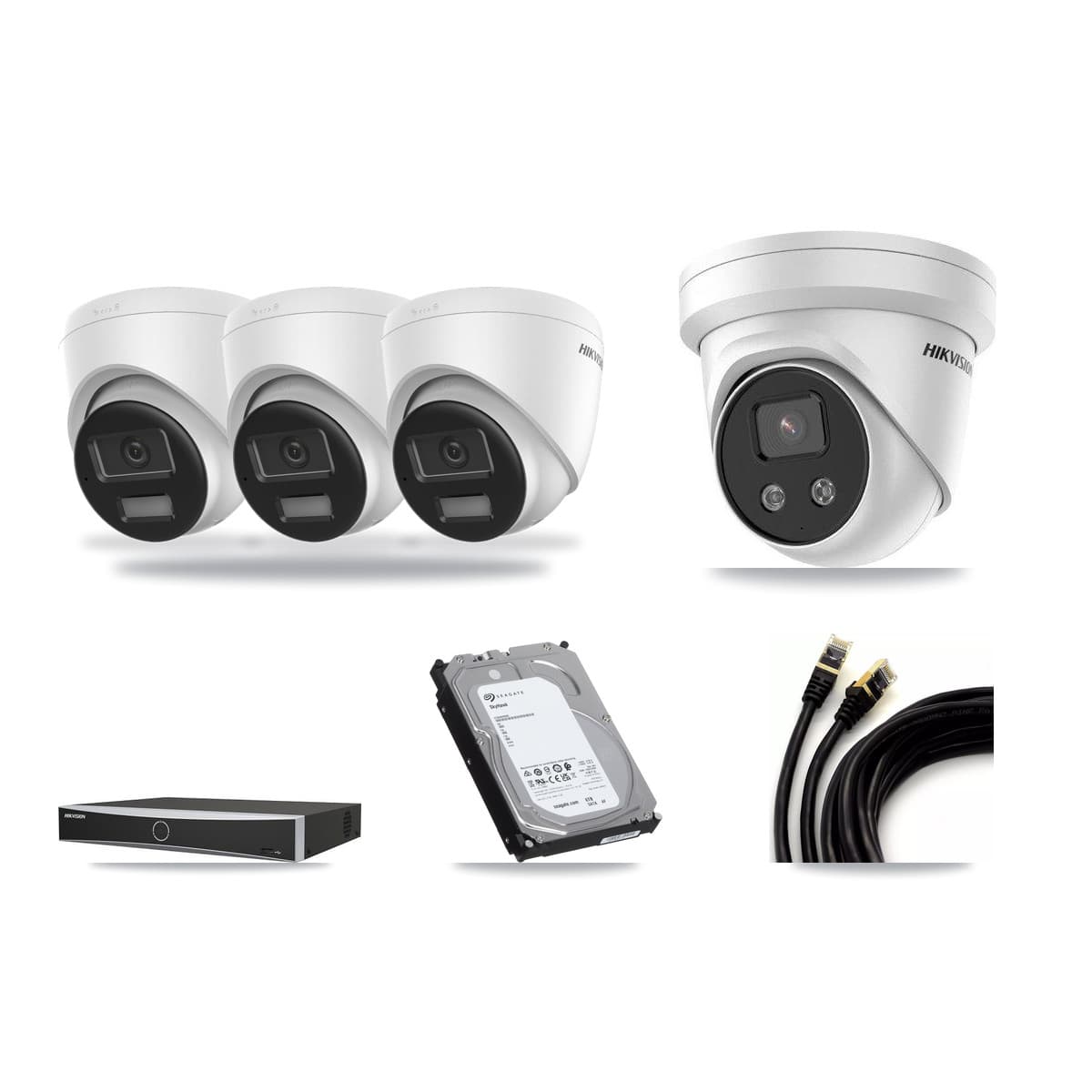 Hikvision 4-Channel 5MP – 4K CCTV Kit — 3 DS-2CD1383G2-LIU 4K + 1 DS-2CD3356G2-ISU 5MP Turret Cameras + 6TB Recording (DS-7604NXI-K1/4P Recorder) - Image 1
