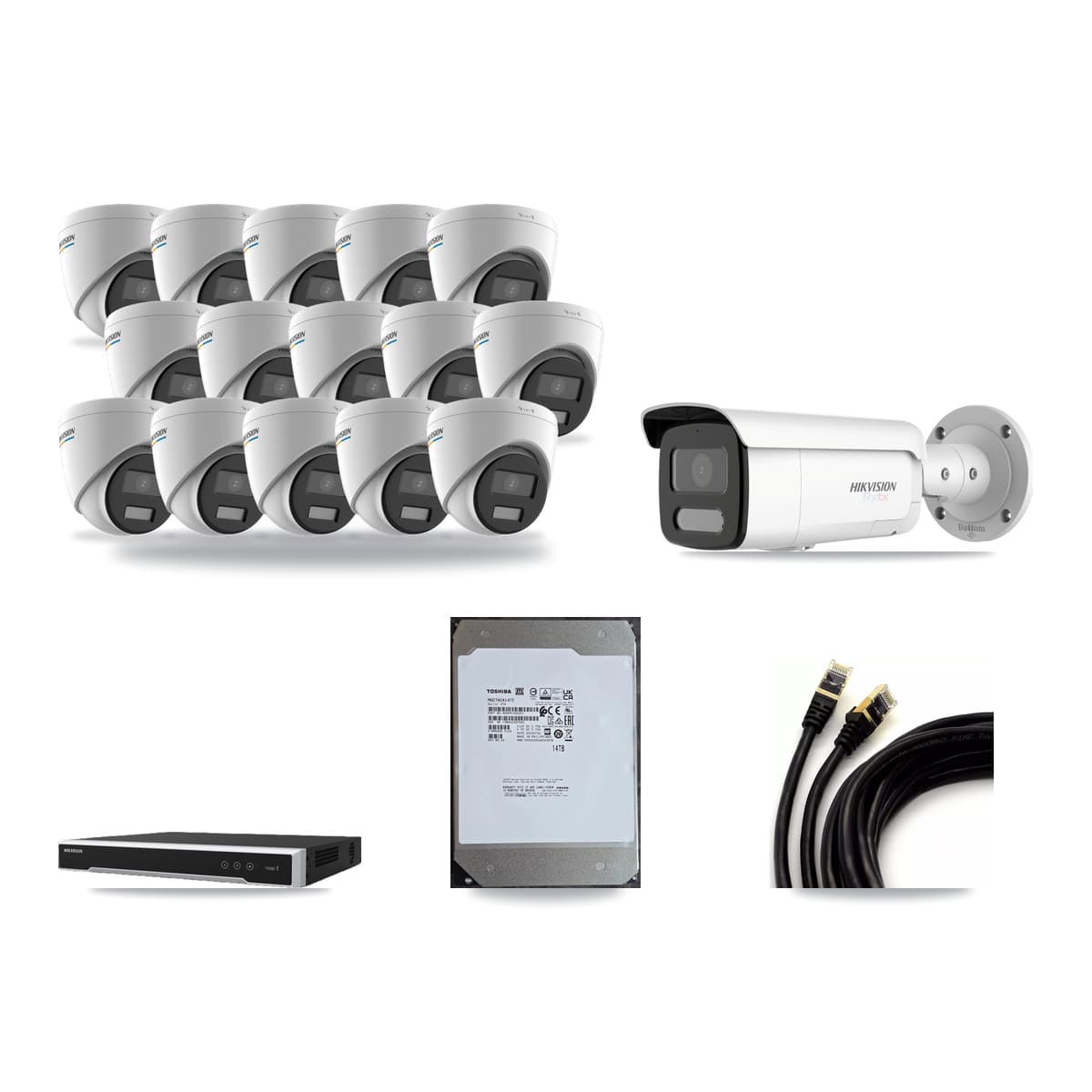 Hikvision 16-Channel 2MP – 4K CCTV Kit — 15 2MP Turret + 1 White 4K Bullet Cameras + 14TB Recording (DS-7616NI-M2 Recorder) - Image 1