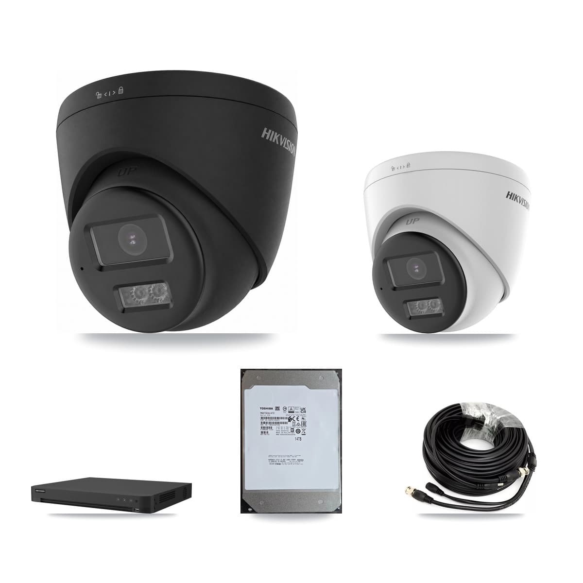 Hikvision 16-Channel 5MP – 4K CCTV Kit — 2 DS-2CE78K0T-LTS 5MP + 5 Black DS-2CE78U0T-LTS-BLACK 4K Turret Cameras + 14TB Recording (IDS-7216HUHI-M2/XT Recorder)