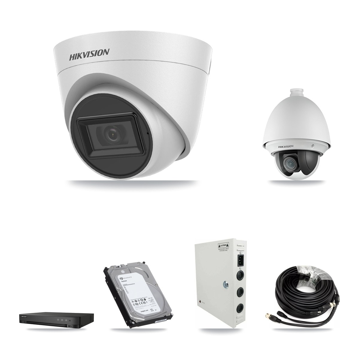 Hikvision 4-Channel 2MP – 5MP CCTV Kit — 1 2MP PTZ + 3 White 5MP Turret Cameras + 6TB Recording (IDS-7204HQHI Recorder) - Image 1