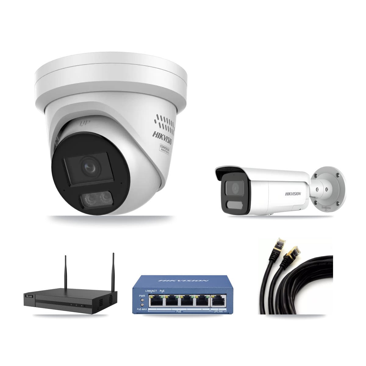 Hikvision & HiLook 4-Channel 4MP CCTV Kit — 1 DS-2CD2347G3 Turret + 1 DS-2CD2T47G2H Bullet Cameras + 3TB Recording
