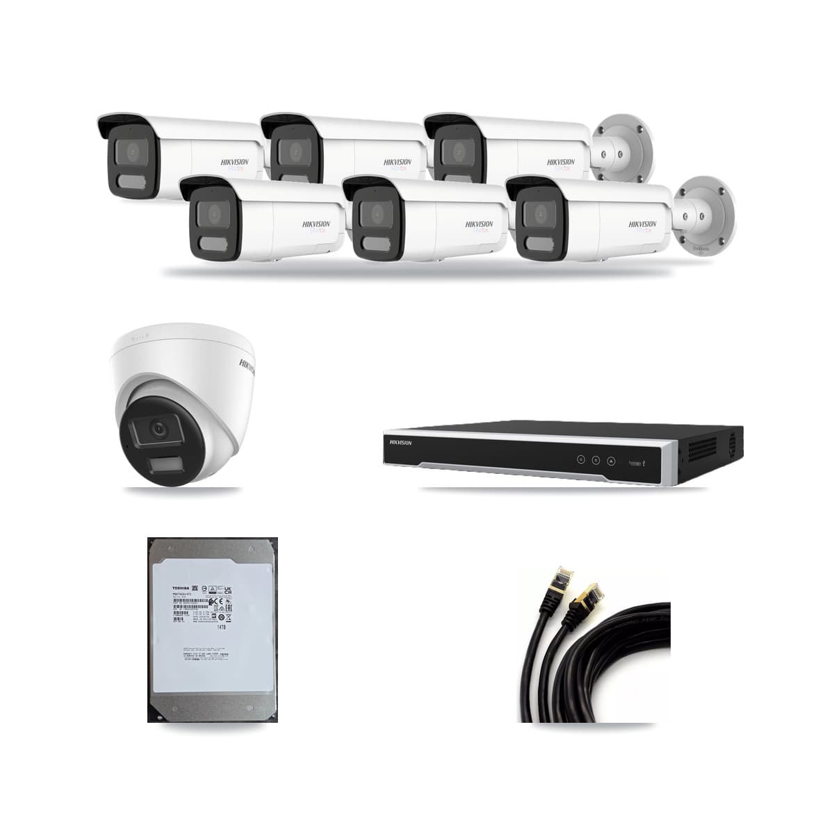 Hikvision 16-channel CCTV kit: 7 cameras (6× 4K Bullet + 1× 4K Turret), 14TB hard drive