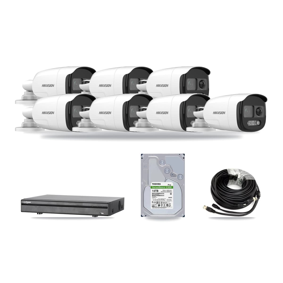 Hikvision & Dahua 8-Channel 5MP CCTV Kit — 7 DS-2CE12KF3T Bullet Cameras + 10TB Recording (DH-XVR5108H Recorder) - Image 1
