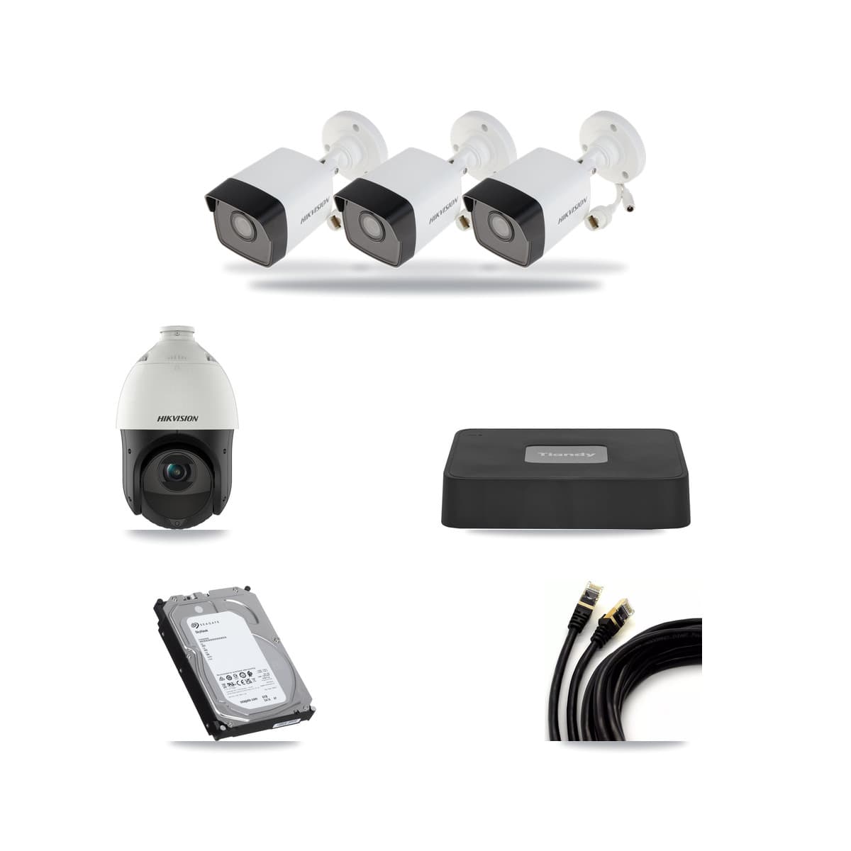 Hikvision & Tiandy 4-Channel 4MP – 5MP CCTV Kit — 3 DS-2CD1053G0 5MP Bullet + 1 DS-2DE4425IW 4MP PTZ Cameras + 6TB Recording - Image 1