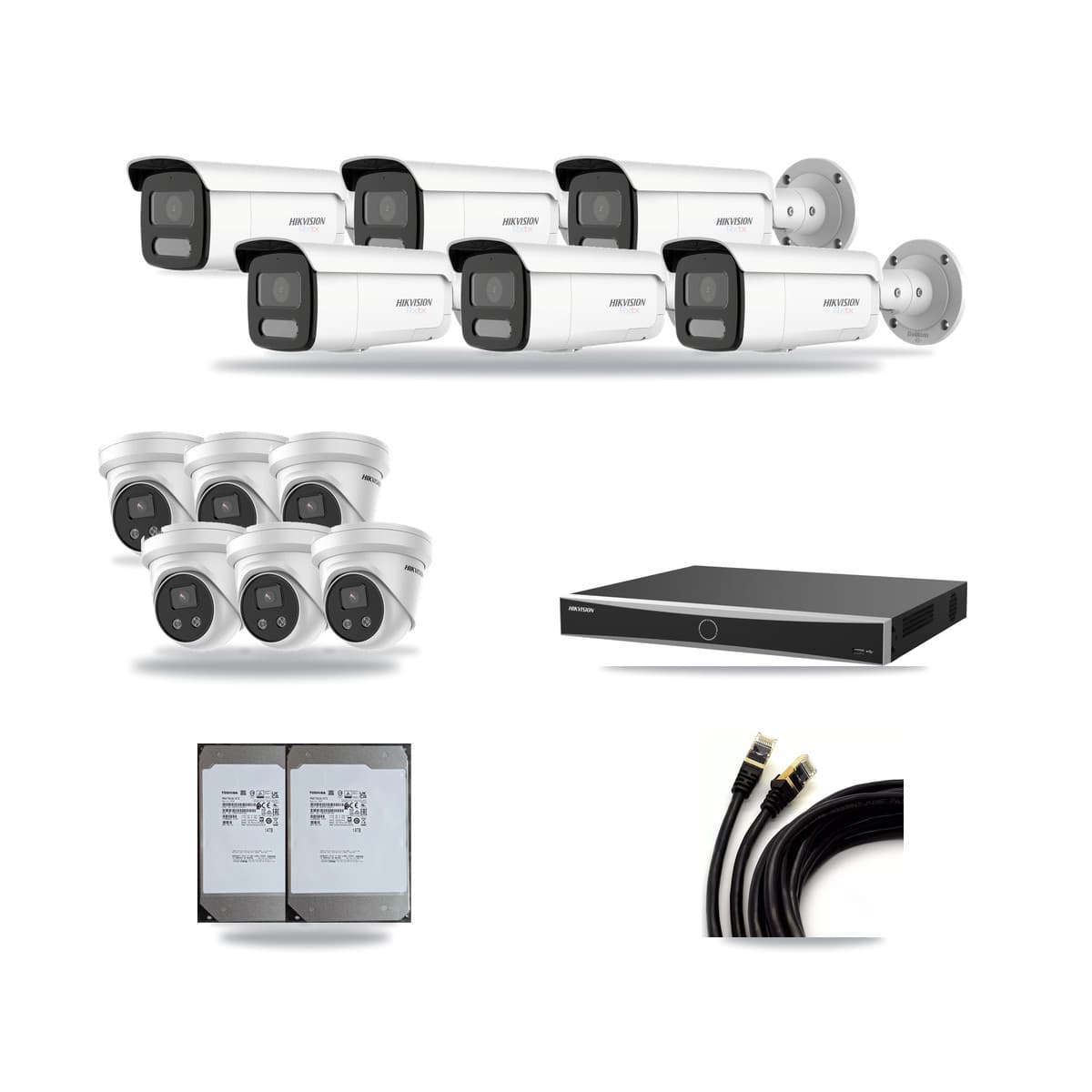 Hikvision 16-Channel 5MP – 4K CCTV Kit — 6 White 4K Bullet + 6 5MP Turret Cameras + 2× 14TB Recording (DS-7616NXI Recorder) - Image 1