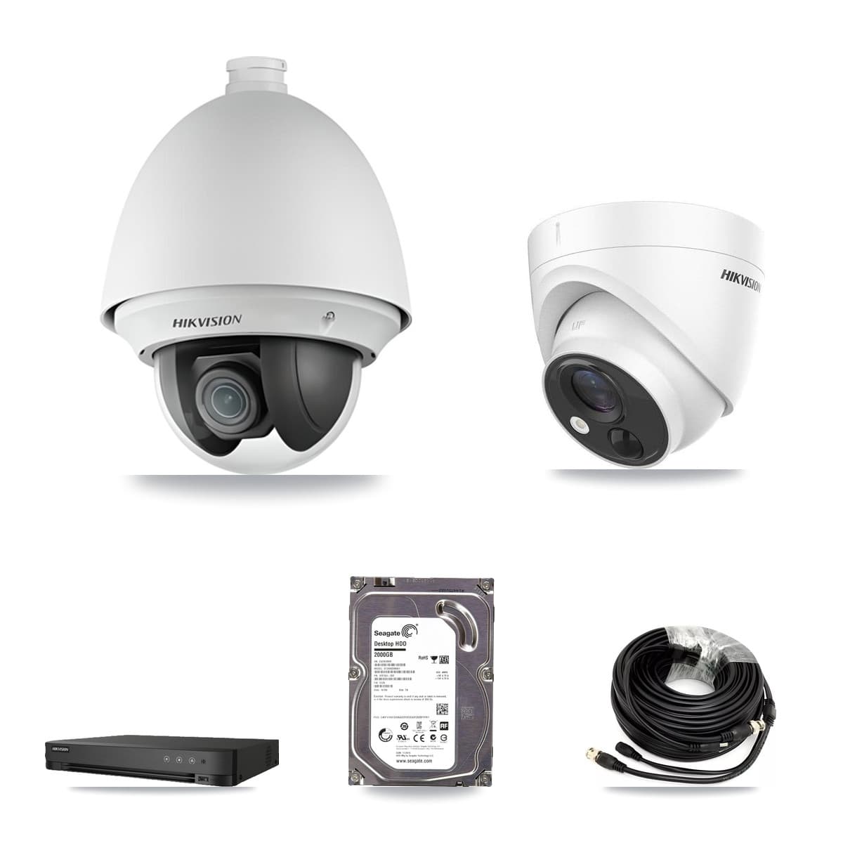 Hikvision 8-Channel 2MP – 5MP CCTV Kit — 1 DS-2AE4225T-A 2MP PTZ + 1 DS-2CE71H0T-PIRLO 5MP Turret Cameras + 2TB Recording (IDS-7208HUHI-M1/E Recorder)