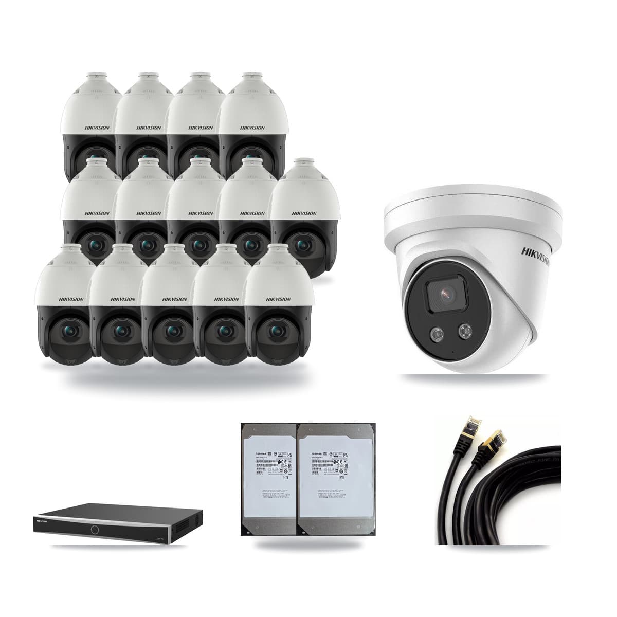 Hikvision 16-Channel 4MP – 5MP CCTV Kit — 1 5MP Turret + 14 4MP PTZ Cameras + 2× 14TB Recording (DS-7616NXI Recorder) - Image 1