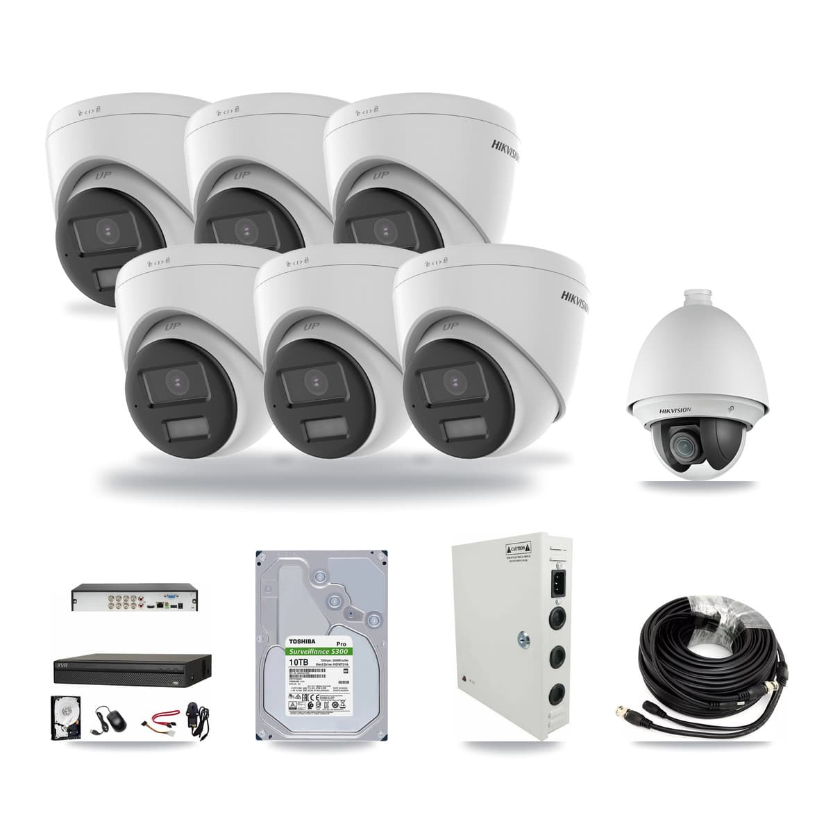 Hikvision & Dahua 8-Channel 2MP – 4K CCTV Kit — 1 2MP PTZ + 6 4K Turret Cameras + 10TB Recording - Image 1
