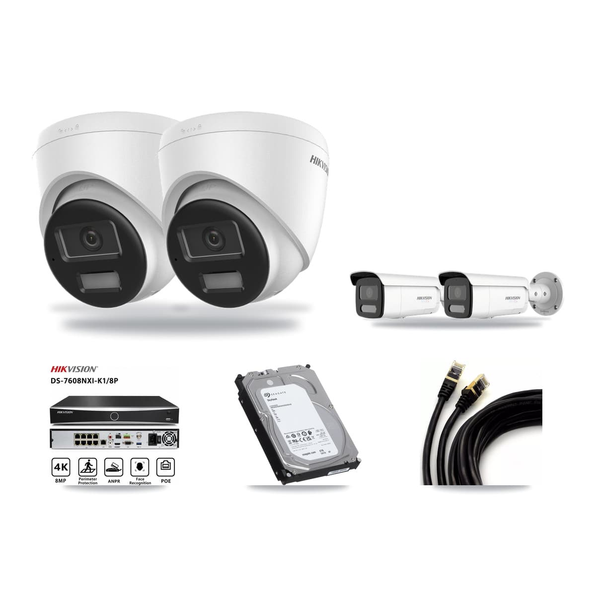 Hikvision 8-Channel 4K CCTV Kit — 2 DS-2CD1383G2-LIUF/SL Turret + 2 White DS-2CD2T87G2H-LISU/SL-2.8MM-W Bullet Cameras + 6TB Recording (DS-7608NXI-K1/8P Recorder) - Image 1