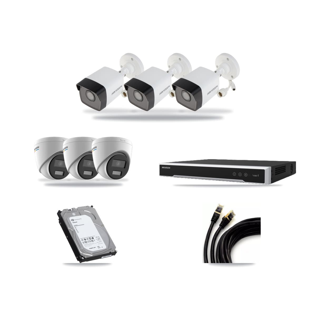 Hikvision 8-Channel 2MP – 5MP CCTV Kit — 3 5MP Bullet + 3 2MP Turret Cameras + 6TB Recording (DS-7608NI-M2 Recorder) - Image 1