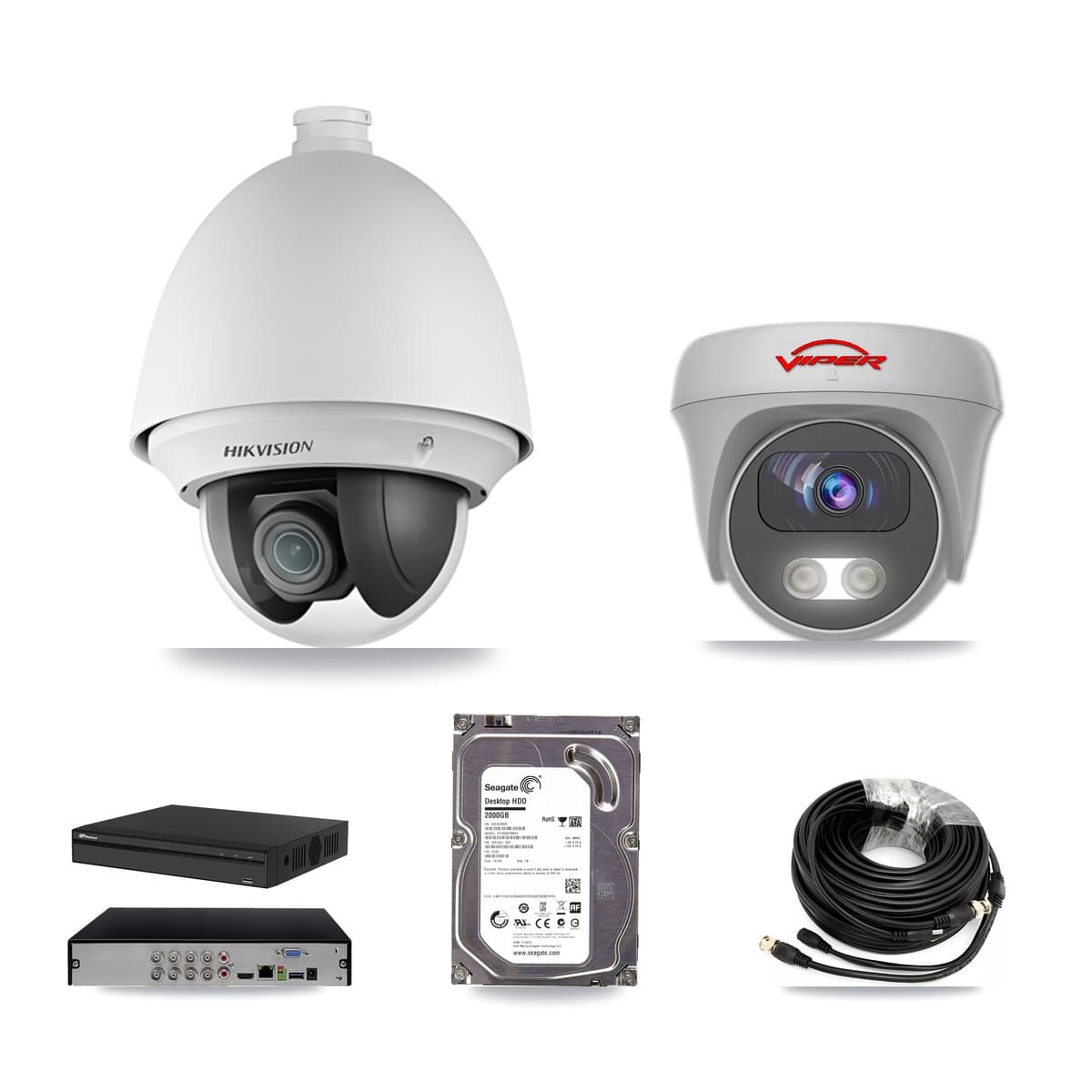 8-Channel 2MP – 5MP CCTV Kit — 1 DS-2AE4225T 2MP PTZ + 1 White VIPER-5MP-3K 5MP Cameras + 2TB Recording (PXD-5108HS Recorder) - Image 1