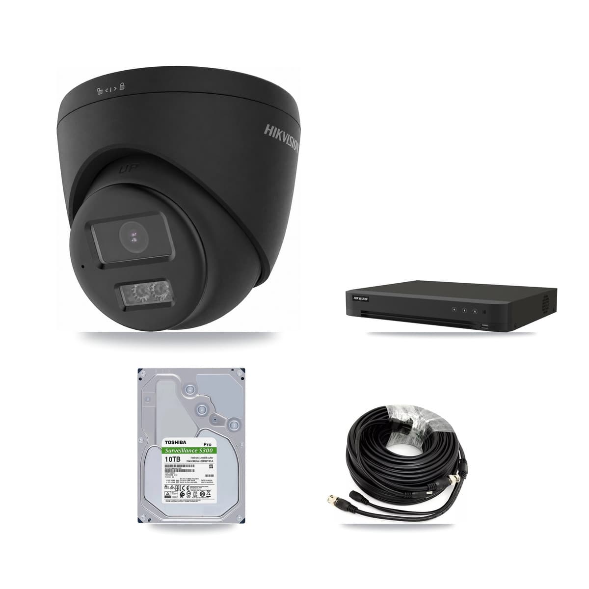 Hikvision 8-Channel 4K CCTV Kit — 4 Black DS-2CE78U0T-LTS-BLACK Turret Cameras + 10TB Recording (IDS-7208HUHI-M1/XT Recorder)