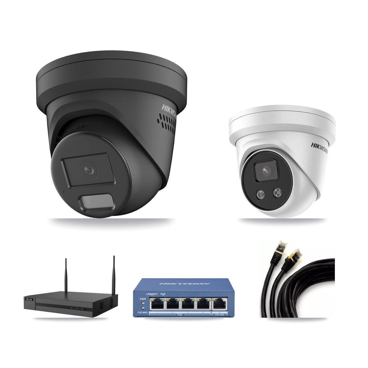 Hikvision & HiLook 4-Channel 4MP – 5MP CCTV Kit — 1 Black 4MP + 1 5MP Turret Cameras + 3TB Recording