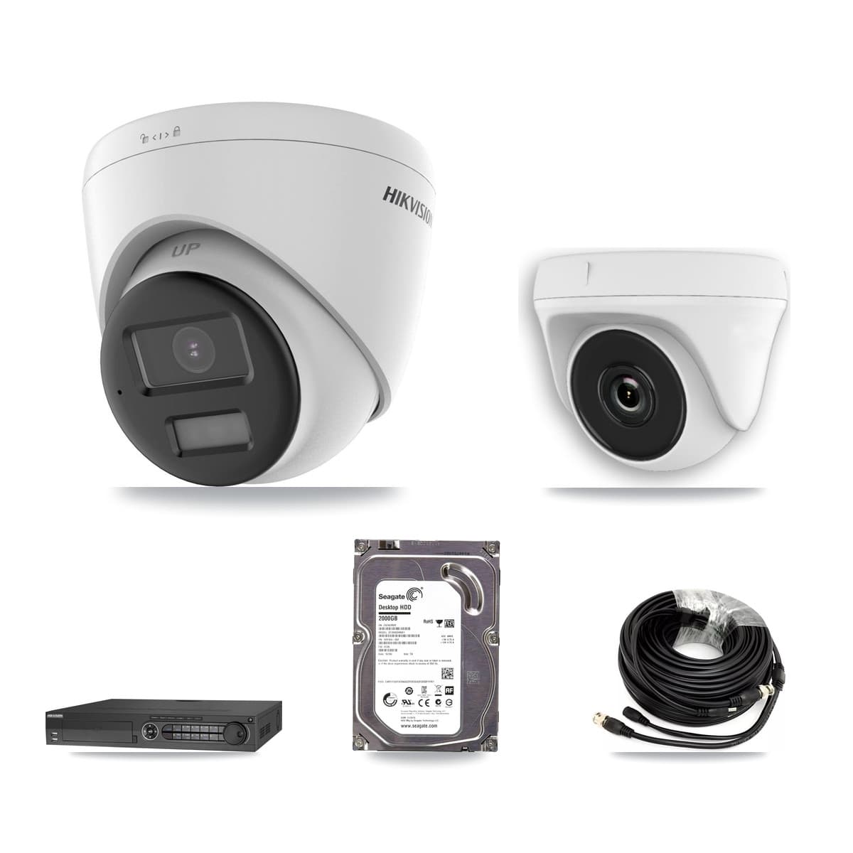 Hikvision 32-Channel 2MP – 5MP CCTV Kit — 1 DS-2CE78K0T-LPTS 5MP Turret + 1 White HDT-2MP-N20W-2.8MM 2MP Dome Cameras + 2TB Recording (DS-7332HQHI-K4 Recorder)